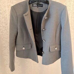 ZARA Women's Light Gray Collarless Tailored Blazer